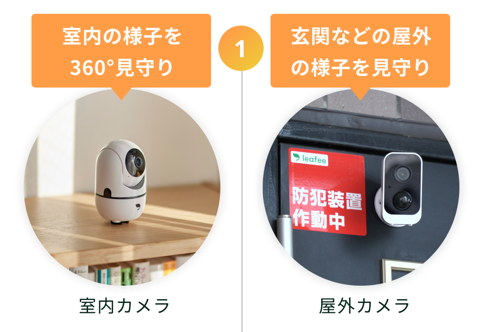 室内カメラ:室内の様子を360°見守り・屋外カメラ:玄関などの屋外の様子を見守り